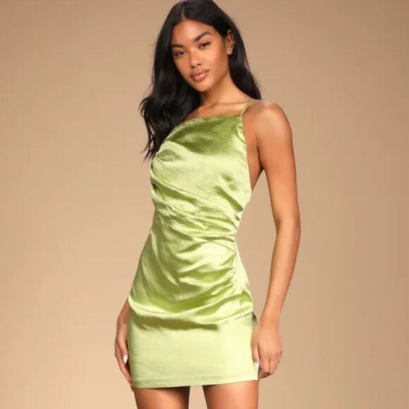 Lulu's Women's XL Captivated by Love Lime Green Satin Ruched Bodycon Mini Dress - Picture 1 of 14